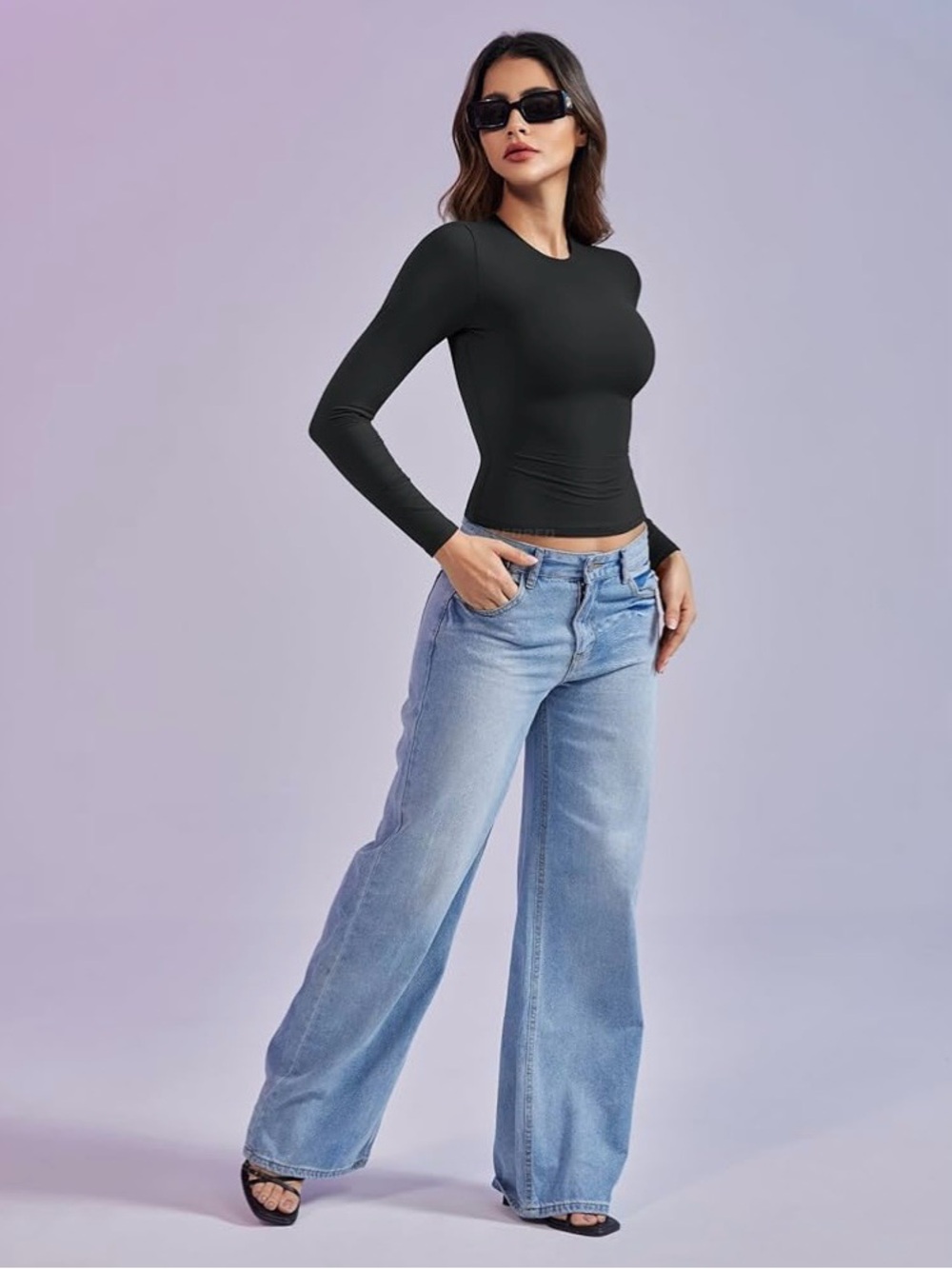 Black Women Long Sleeve Crewneck Top Spandex and Polyester
